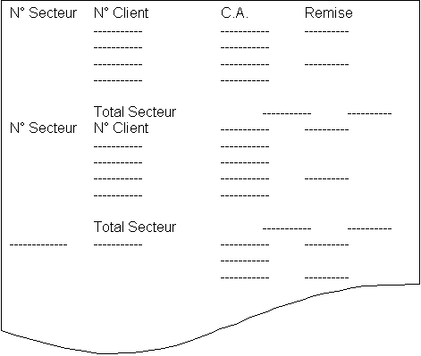 Organigramme : Document: N Secteur	N Client		C.A.		Remise
		-----------		-----------	----------
		-----------		-----------
		-----------		-----------	----------
		-----------		-----------

		Total Secteur		-----------	----------
N Secteur	N Client		-----------	----------
		-----------		-----------
		-----------		-----------
		-----------		-----------	----------
		-----------		-----------

		Total Secteur		-----------	----------
-------------	-----------		-----------	----------
					-----------
					-----------	----------
